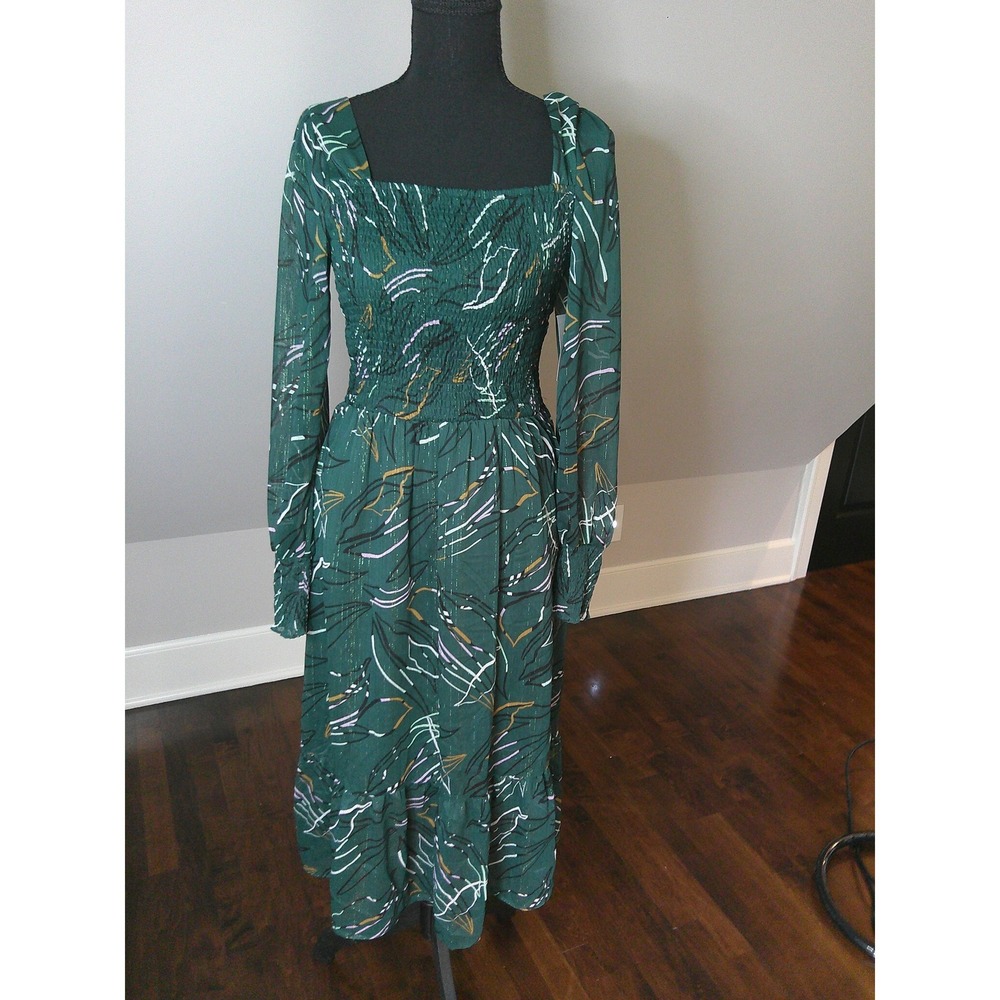 Nine West Dress Womens Med Green NWT Abstract Smocked Metallic Midi WW14Y312RP1